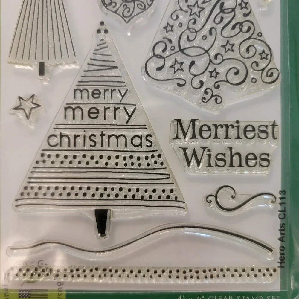 Hero Arts MERRIEST WISHES Clear Cling Stamp Set of 12 Trees Ornaments Swirls